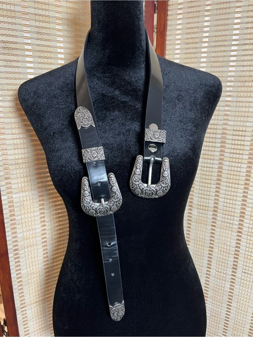 Black Western Double Buckle Belt Silver Floral Engraved Hardware Statement Waist